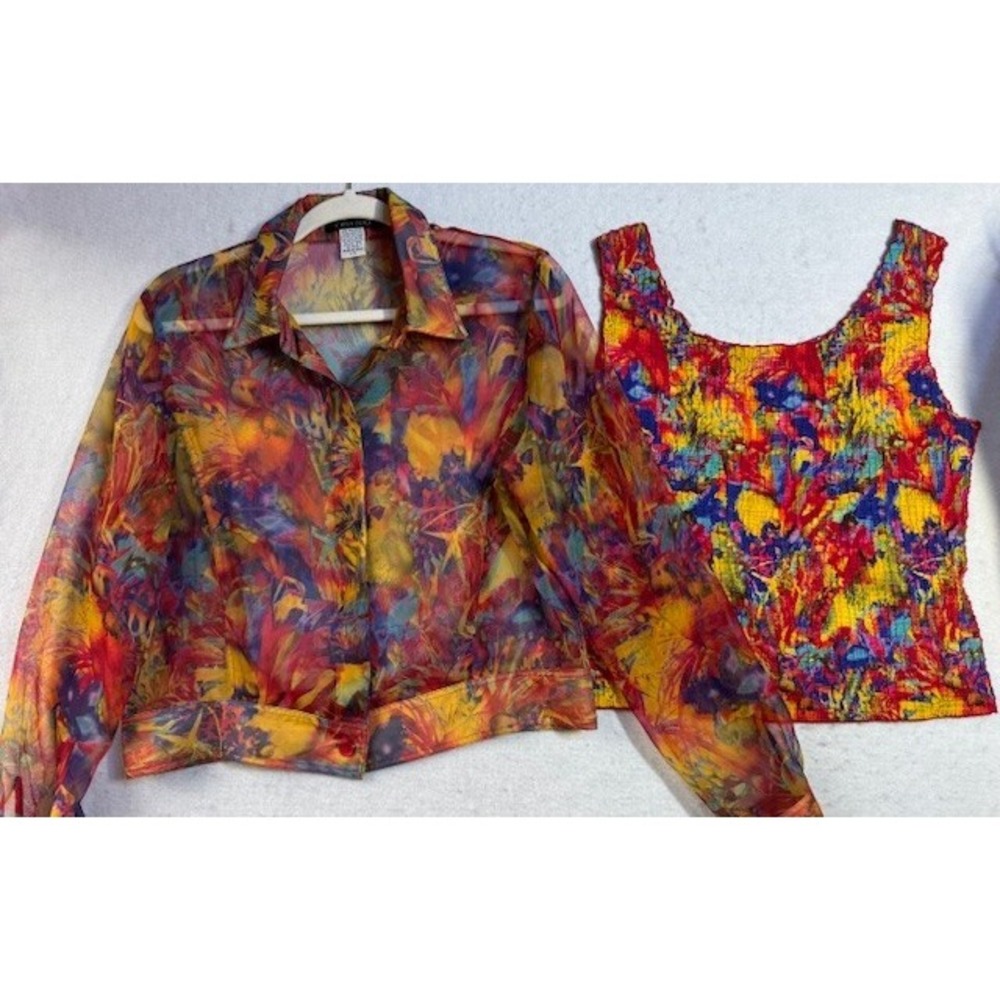 Cest Duo 2pc Shell Sheer Shirt Jacket Artsy Parrot Tropical Island Beach LRG